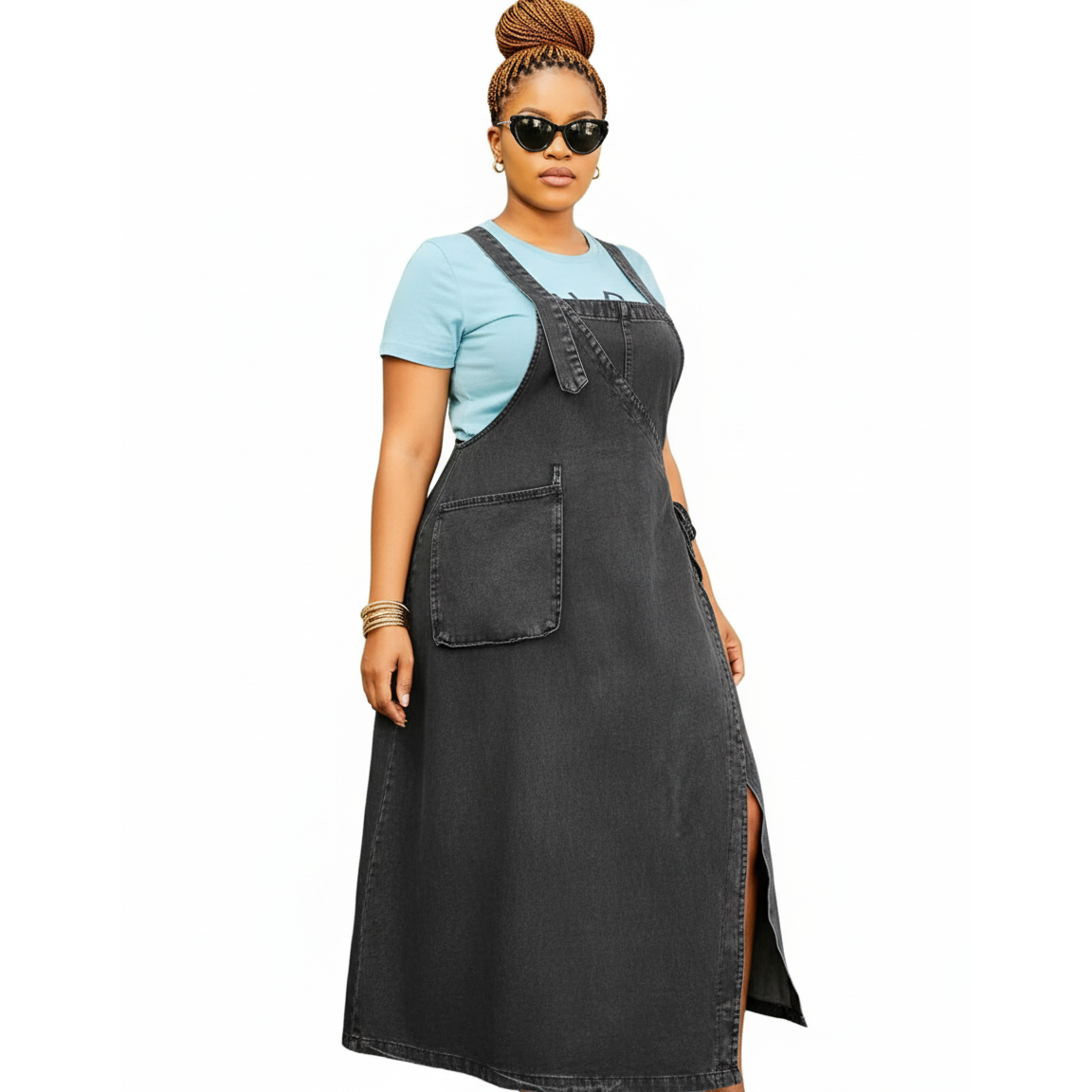 Plus Size Loose-Fit Grey Denim Overalls Dress