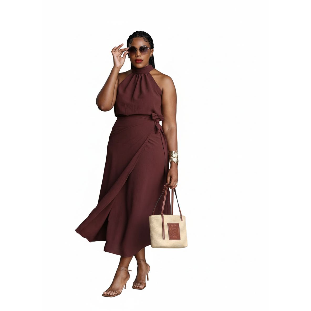 Halter Neck Sleeveless Top & Waist Tie Skirt Set