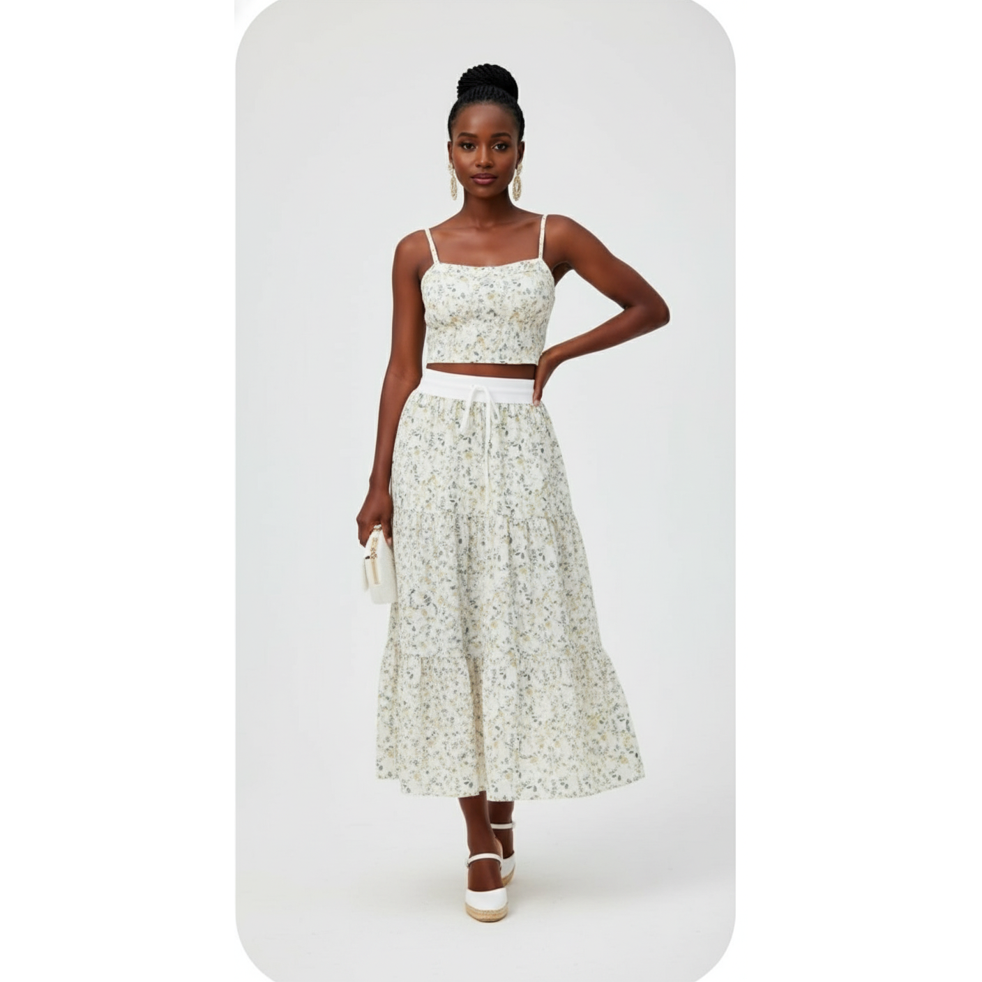 Plus Size Porcelain Printed Floral Tie Waist Vintage 2pcs Set