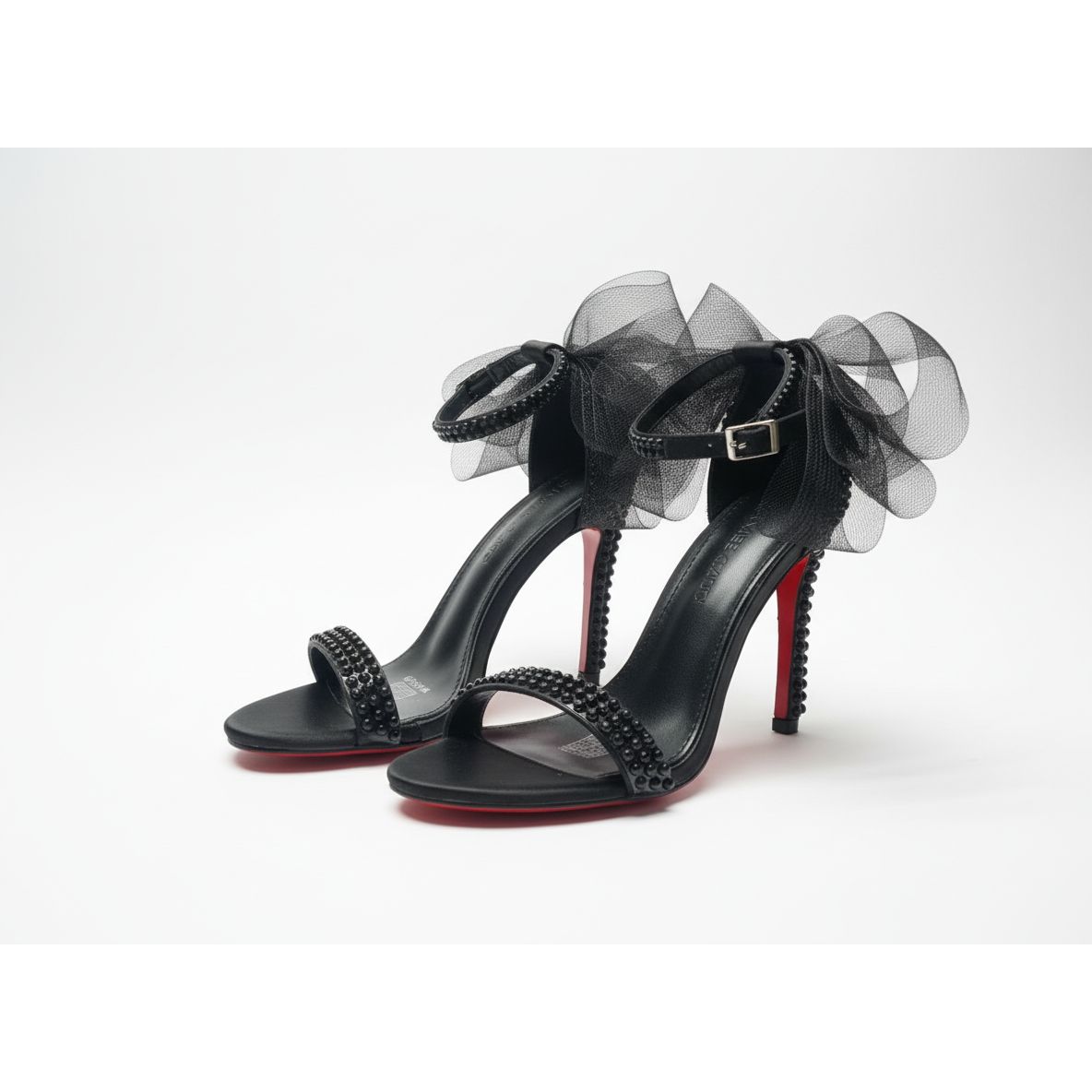 Embellished Ankle Strap Pearl Mesh Bow Heels