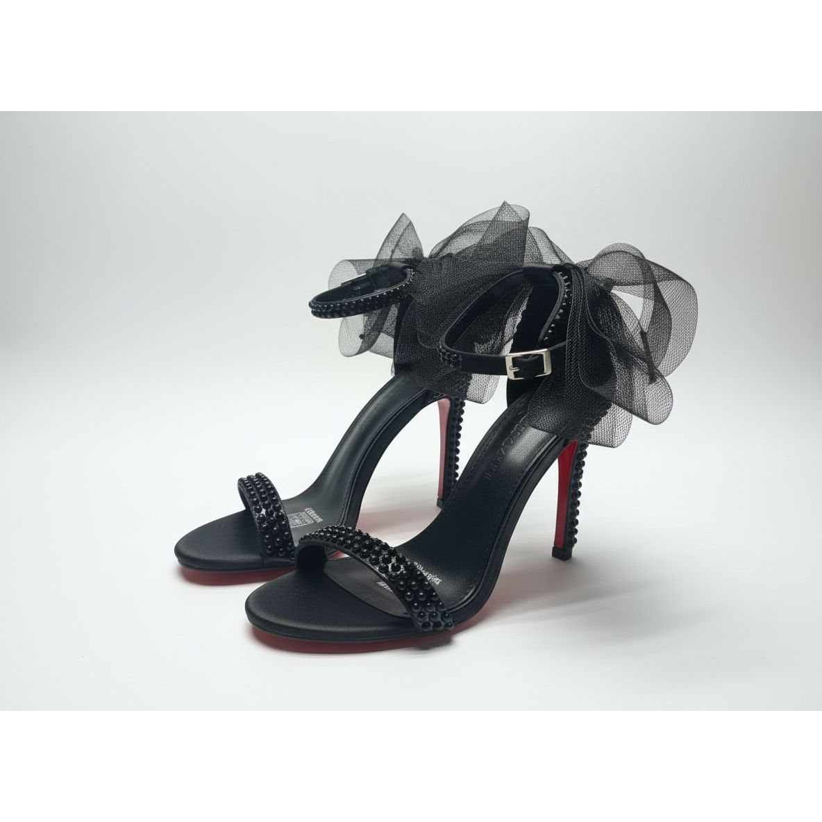 Embellished Ankle Strap Pearl Mesh Bow Heels