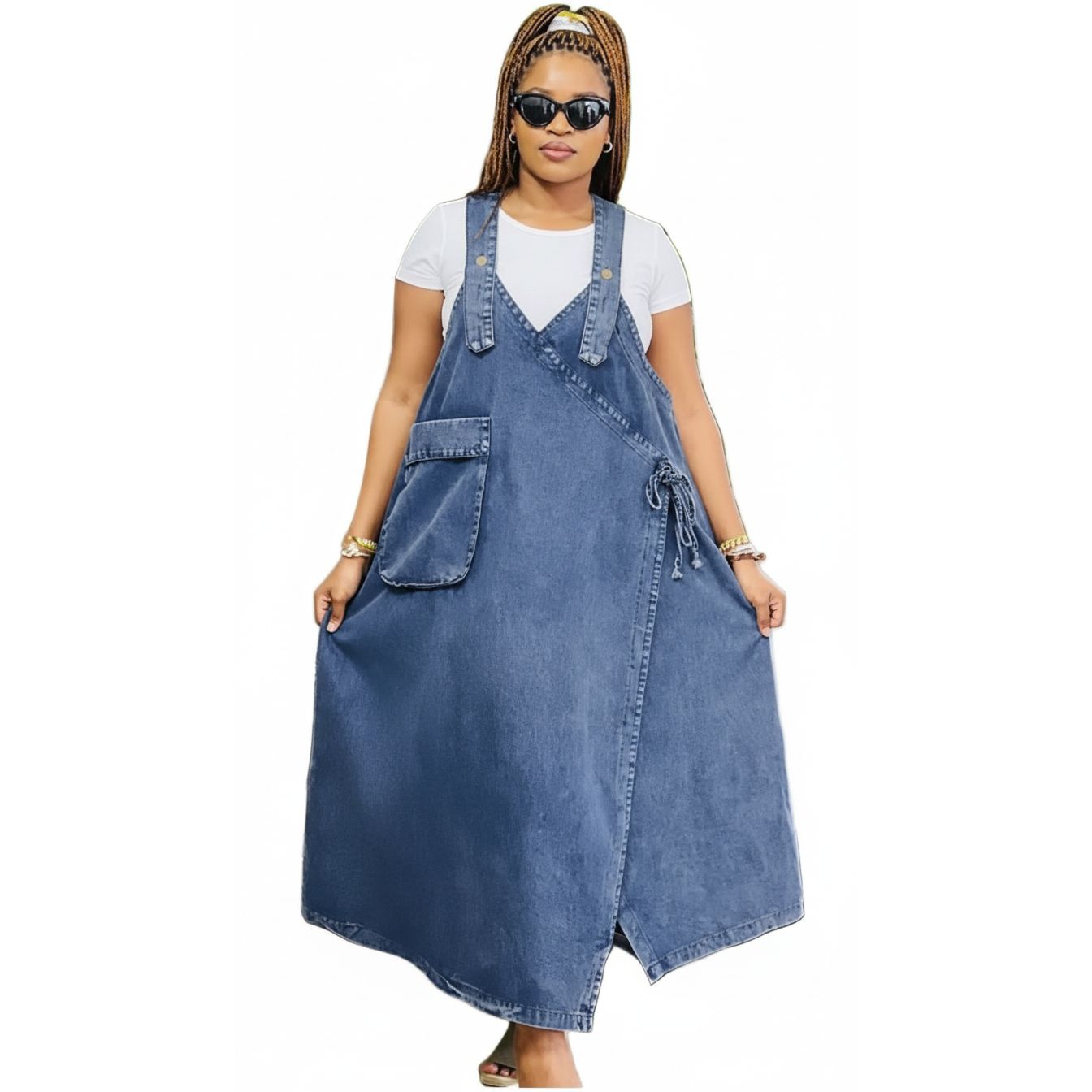 Plus Size  Loose-Fit Denim V-Neck Overalls Maxi Dress