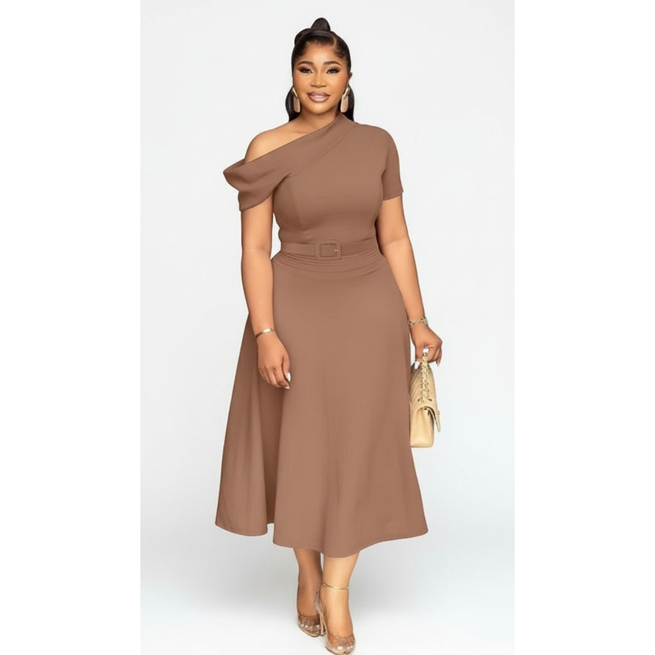 Off Shoulder Big Swing A-line Short Sleeve Maxi Long Dress