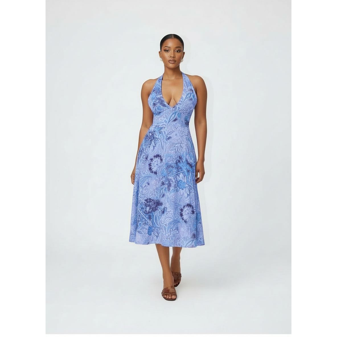 Floral Halter V-Neck Midi Dress