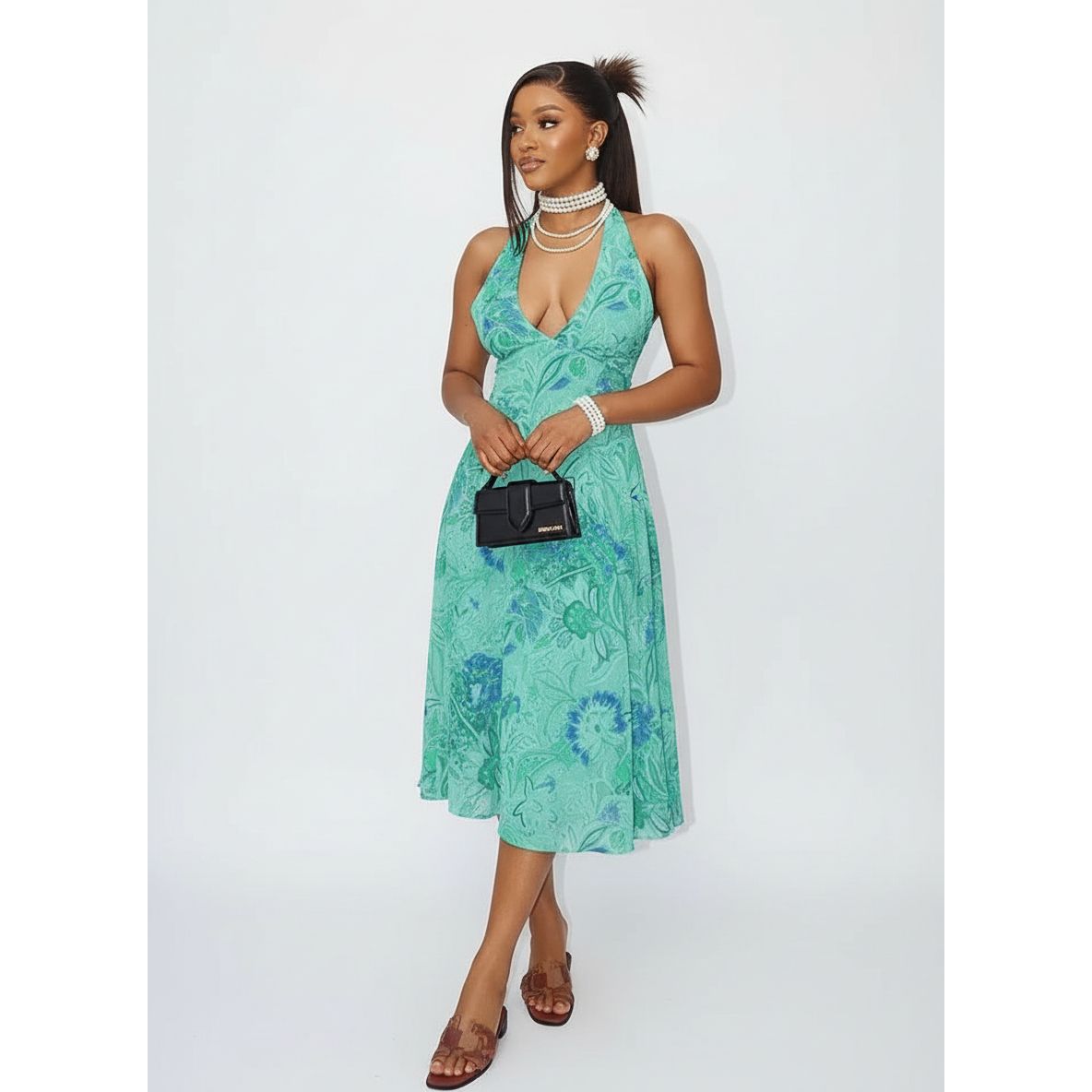 Floral Halter V-Neck Midi Dress
