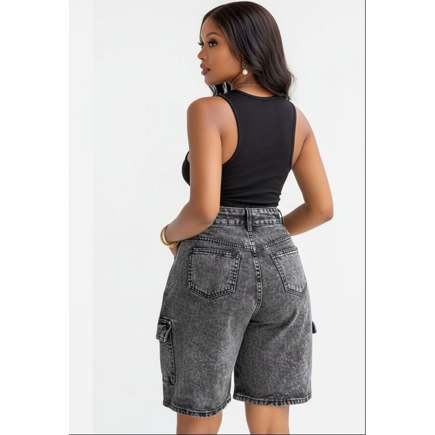 Women's Acid Wash Denim Cargo Shorts