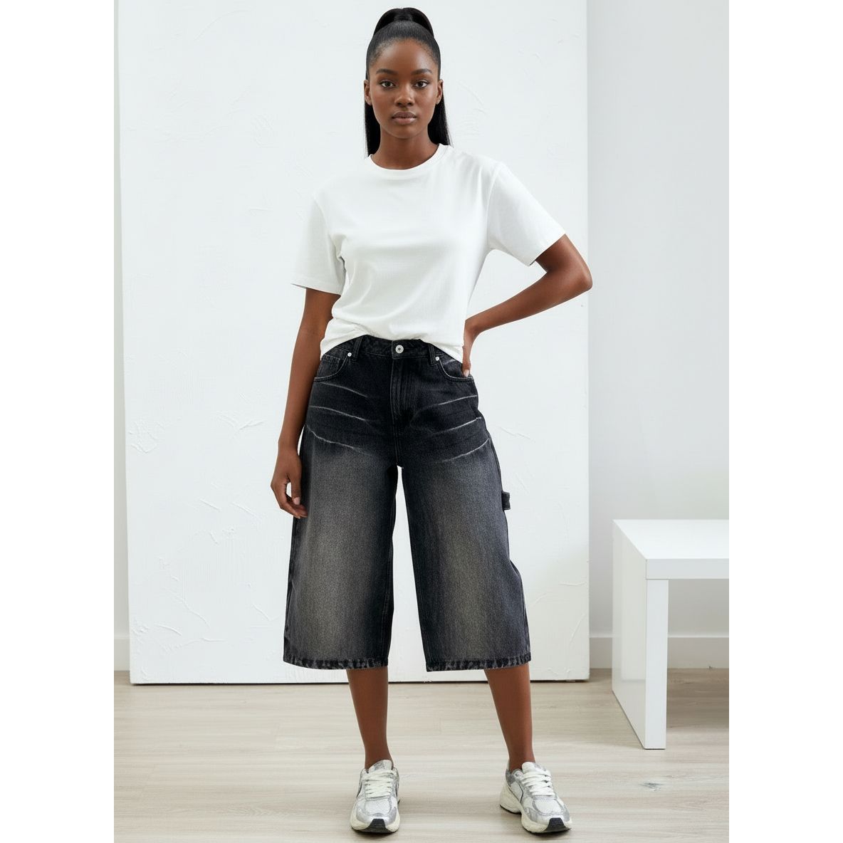 Denim Washed Cropped Jean Shorts