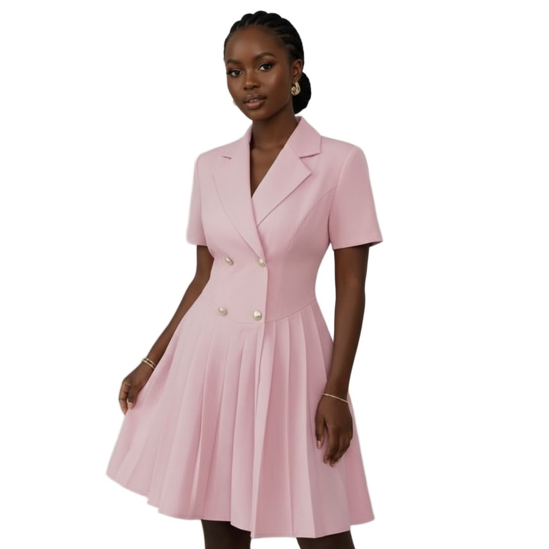 Solid Color Double-Breasted Blazer Knee Dress