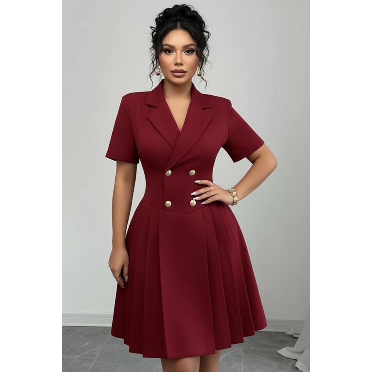 Solid Color Double-Breasted Blazer Knee Dress