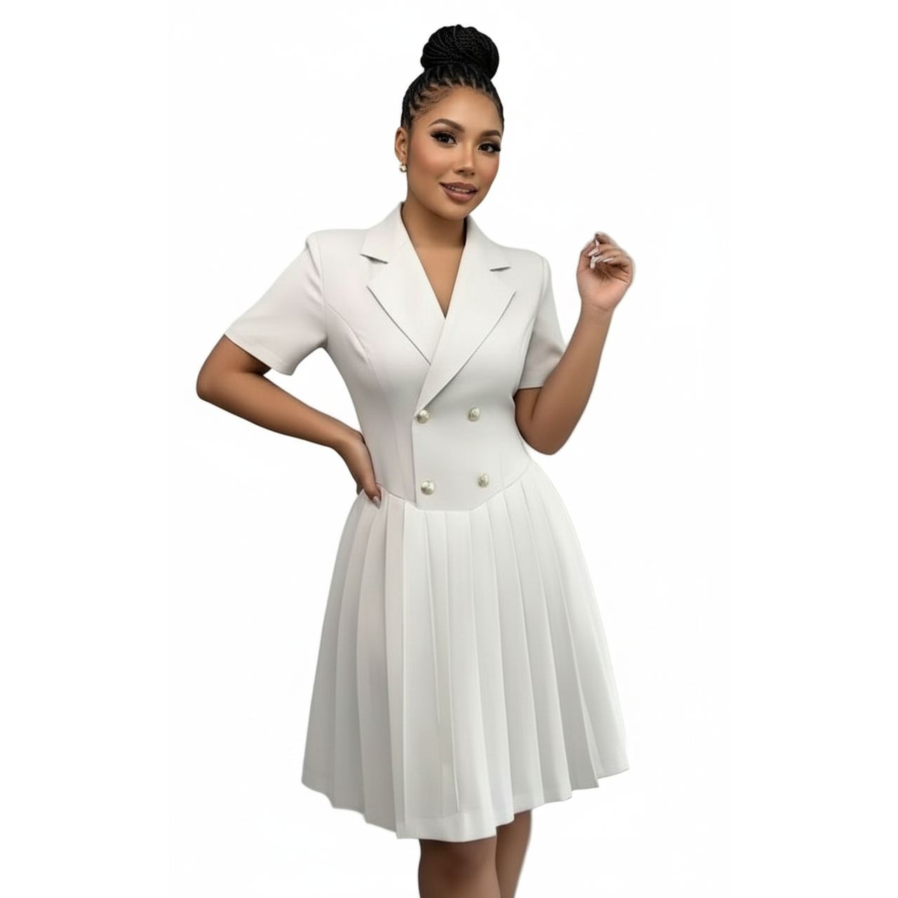 Solid Color Double-Breasted Blazer Knee Dress