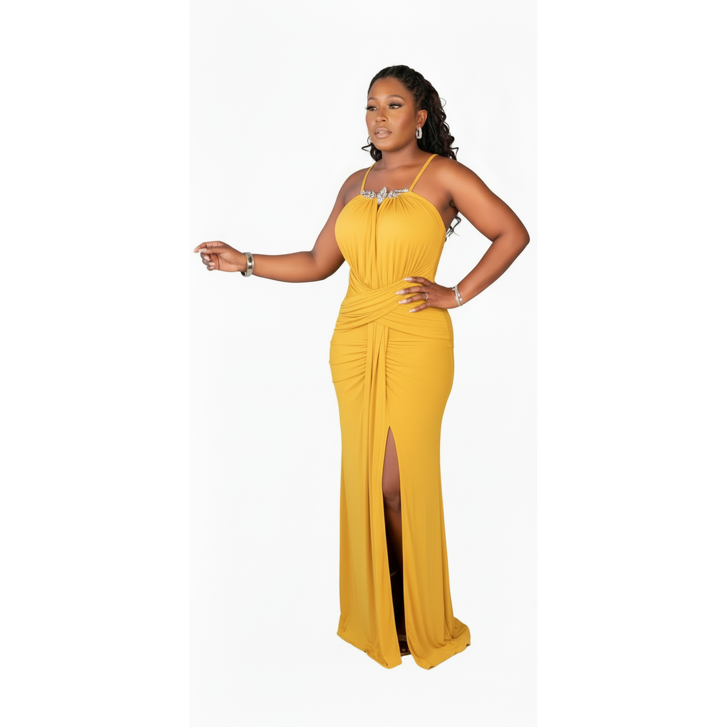 Cinched Waist Strapless Patchwork Pleated Sleeveless Maxi Gowns