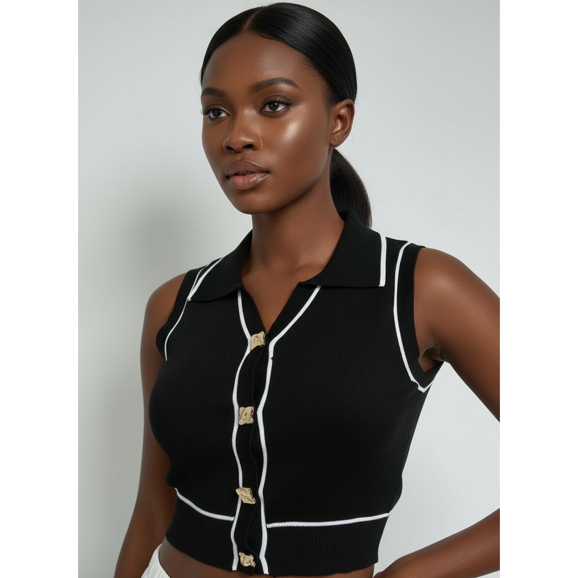 Knitted Short Sleeve Collar Crop Top