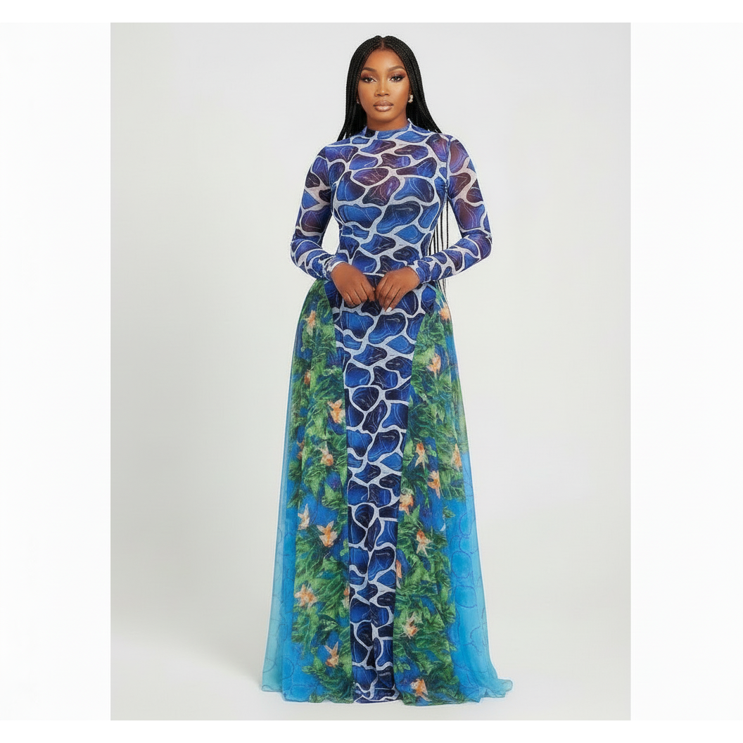 Woman wearing a blue and green patterned dress on a white background