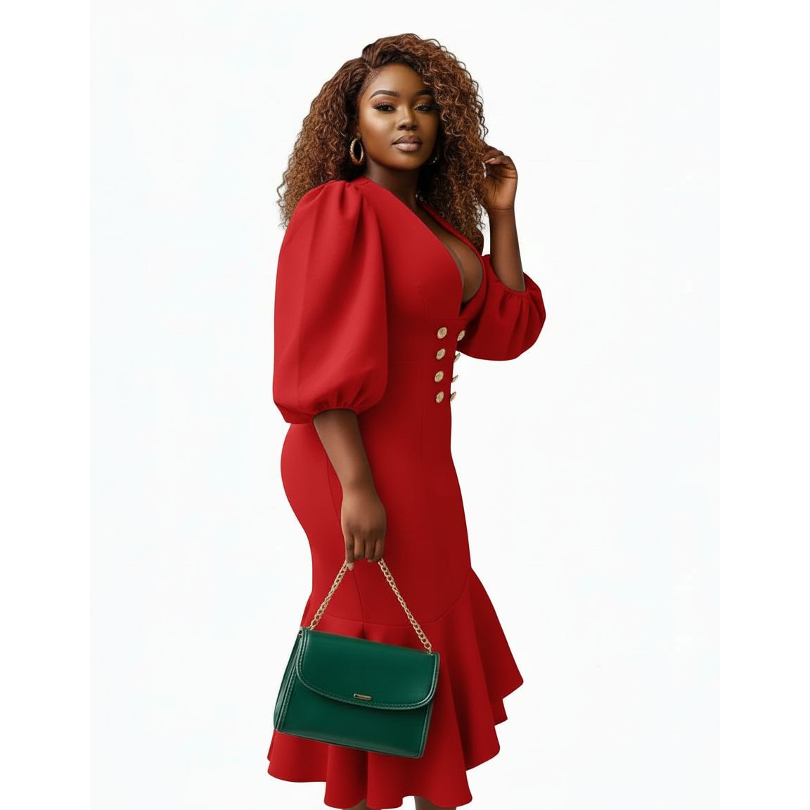 Plus Size Classy Deep V-Neck Long Sleeve Bodycon Dress