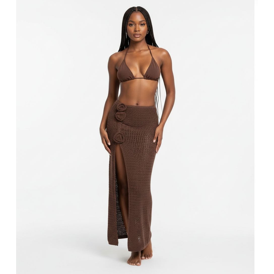 High Slit Crochet Three Piece Bikini Set