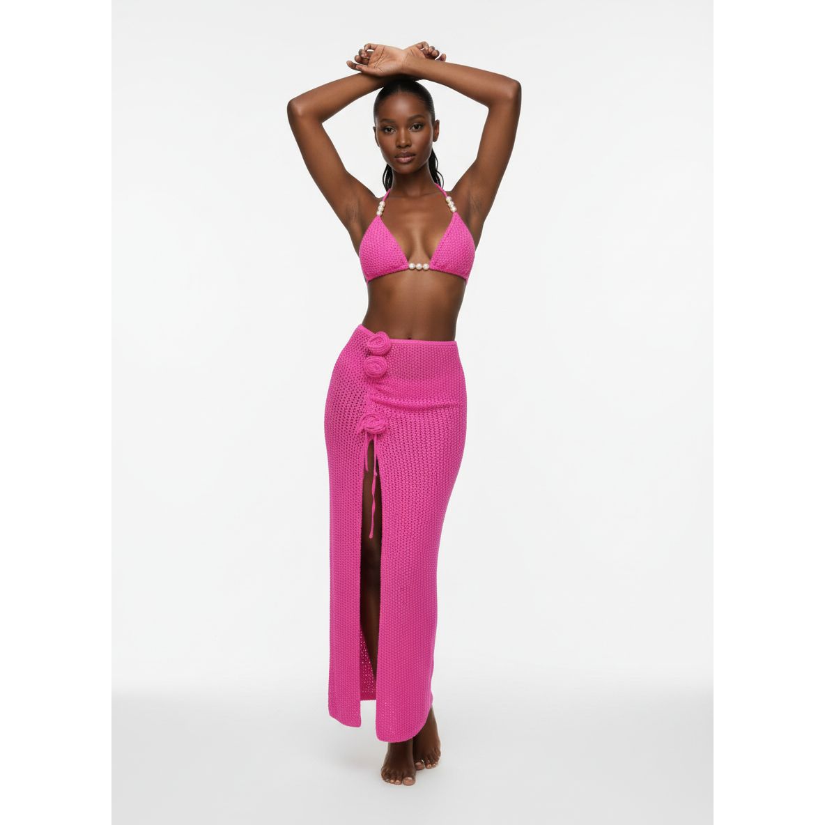 High Slit Crochet Three Piece Bikini Set