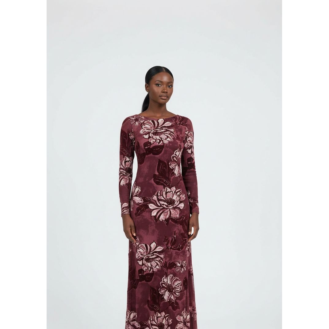 Long Sleeve Floral Mesh Print Maxi Dress