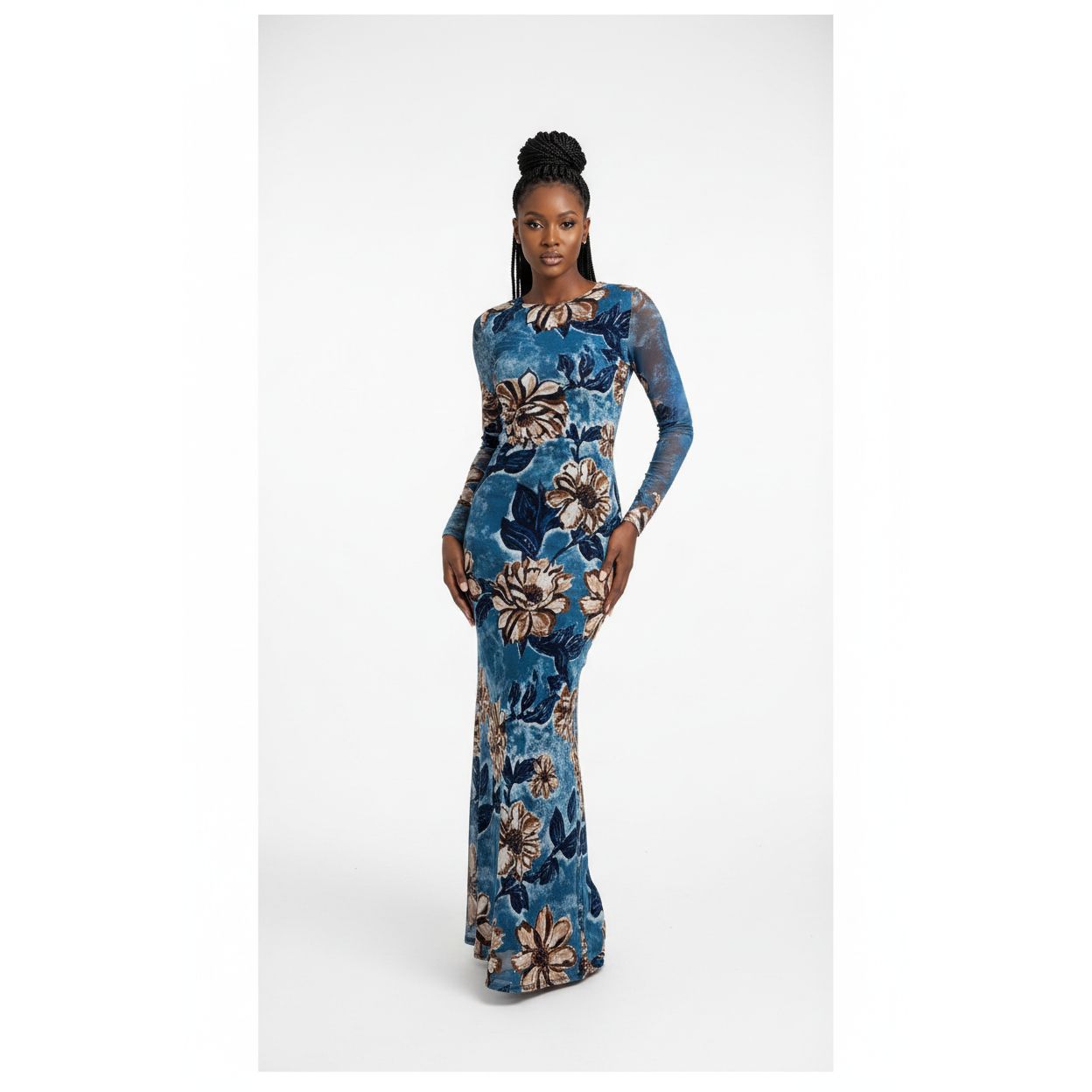 Long Sleeve Floral Mesh Print Maxi Dress