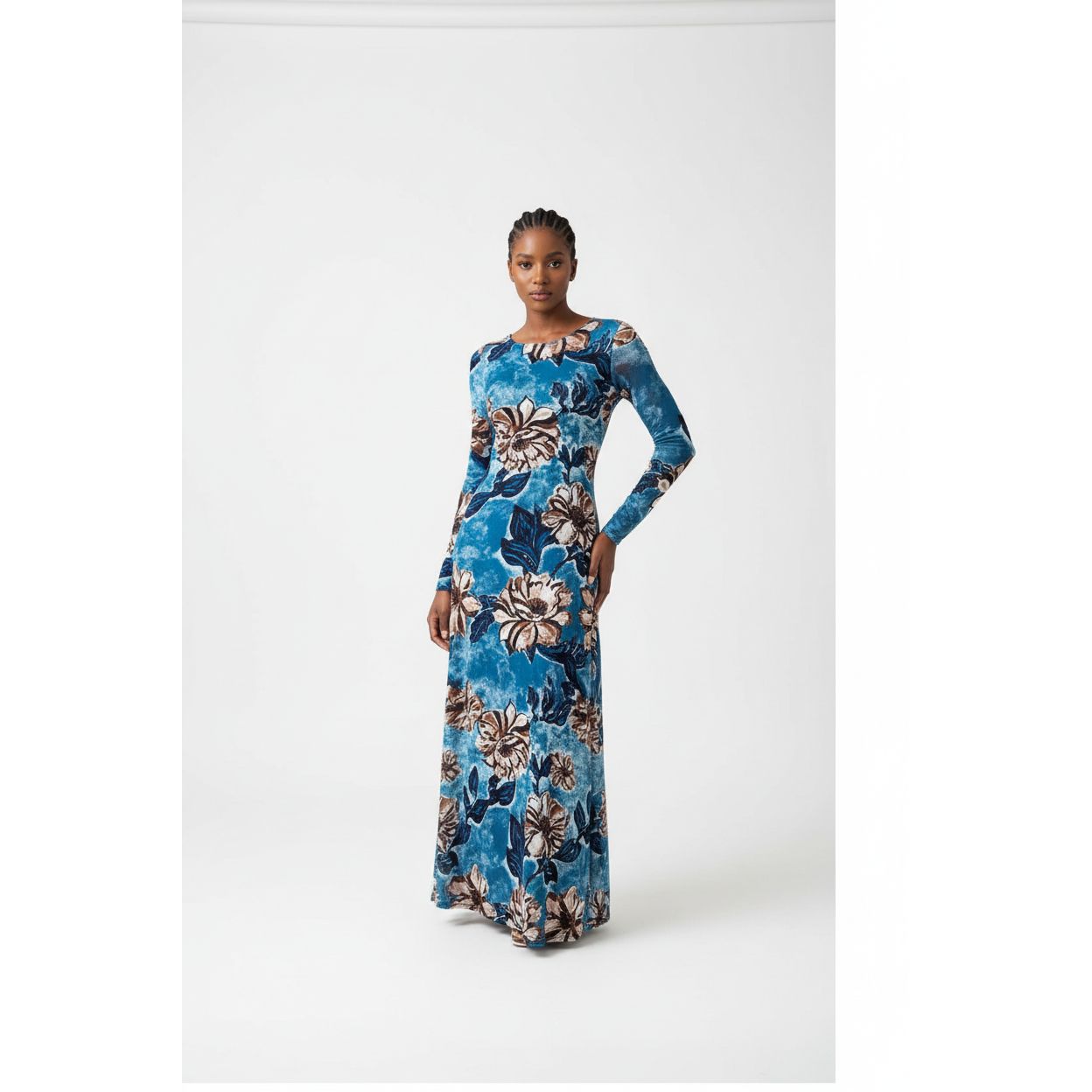 Long Sleeve Floral Mesh Print Maxi Dress
