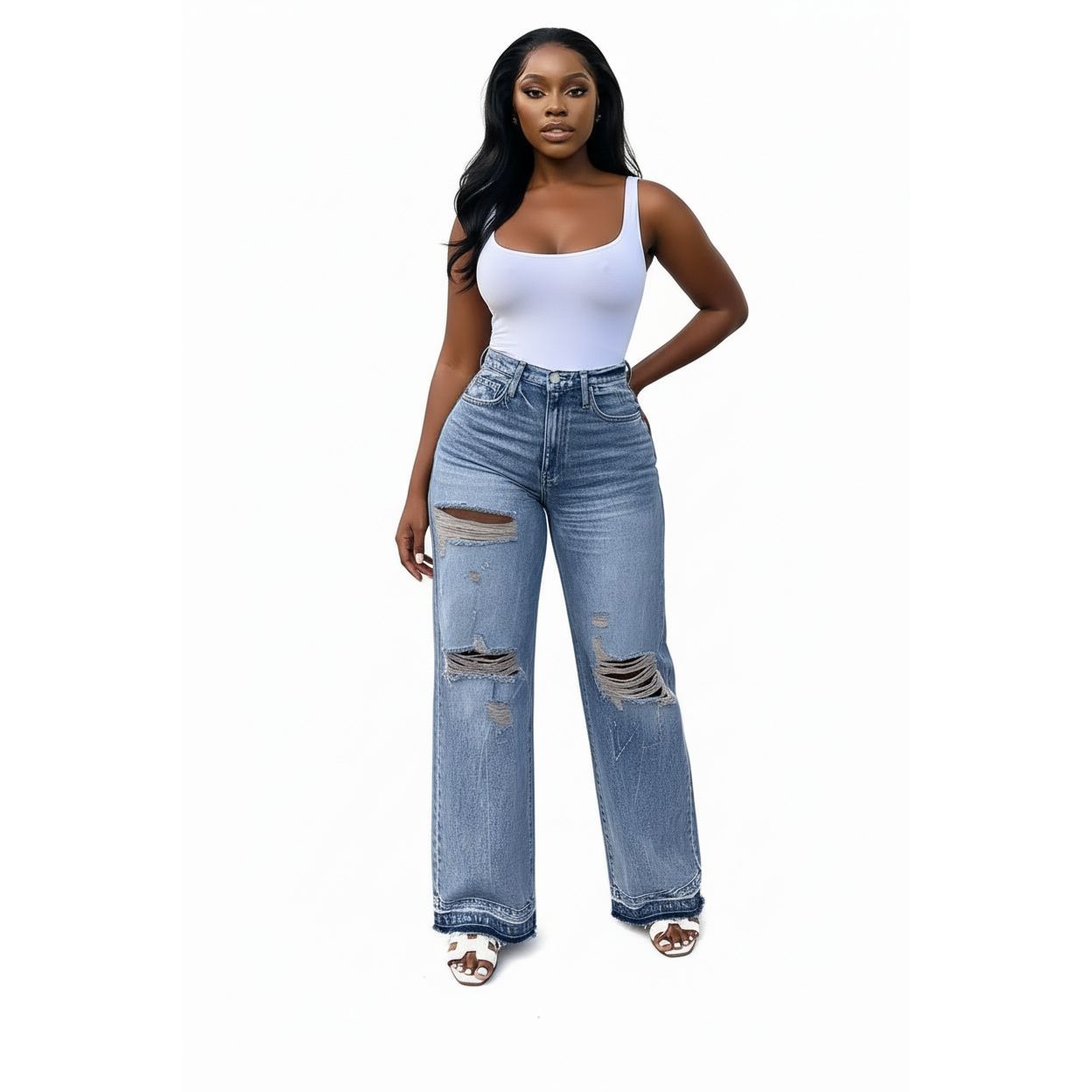 High-Waisted Distressed Wide-Leg Jeans