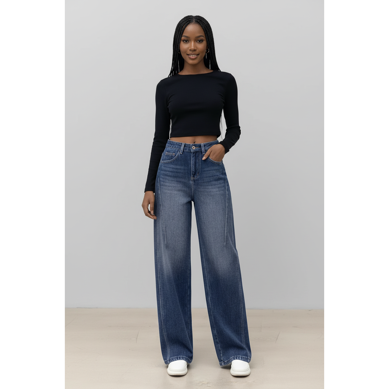 Ladies Straight Wide-Leg Denim Jeans