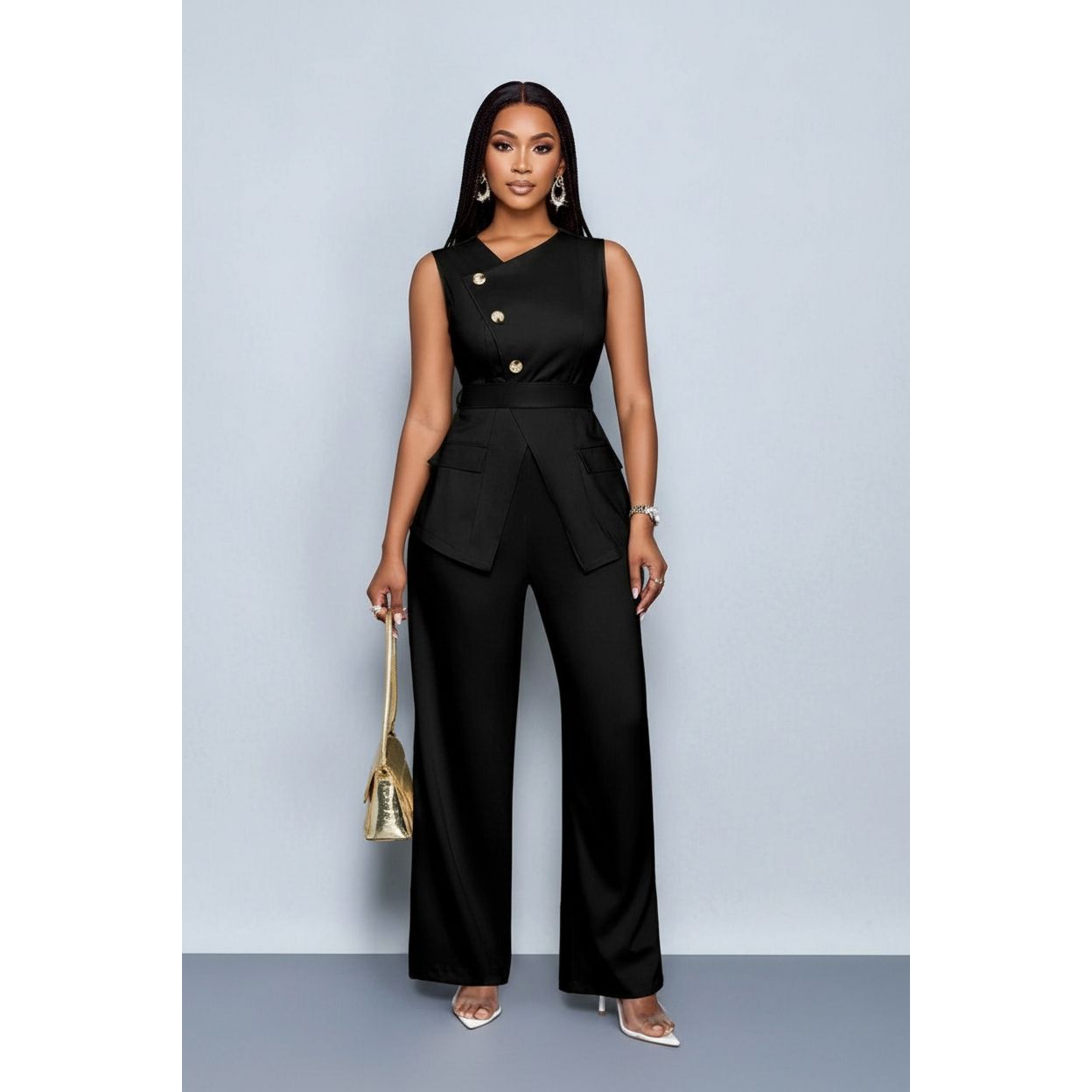 Sleeveless Button Front Vest Blazer & Wide Leg Pants