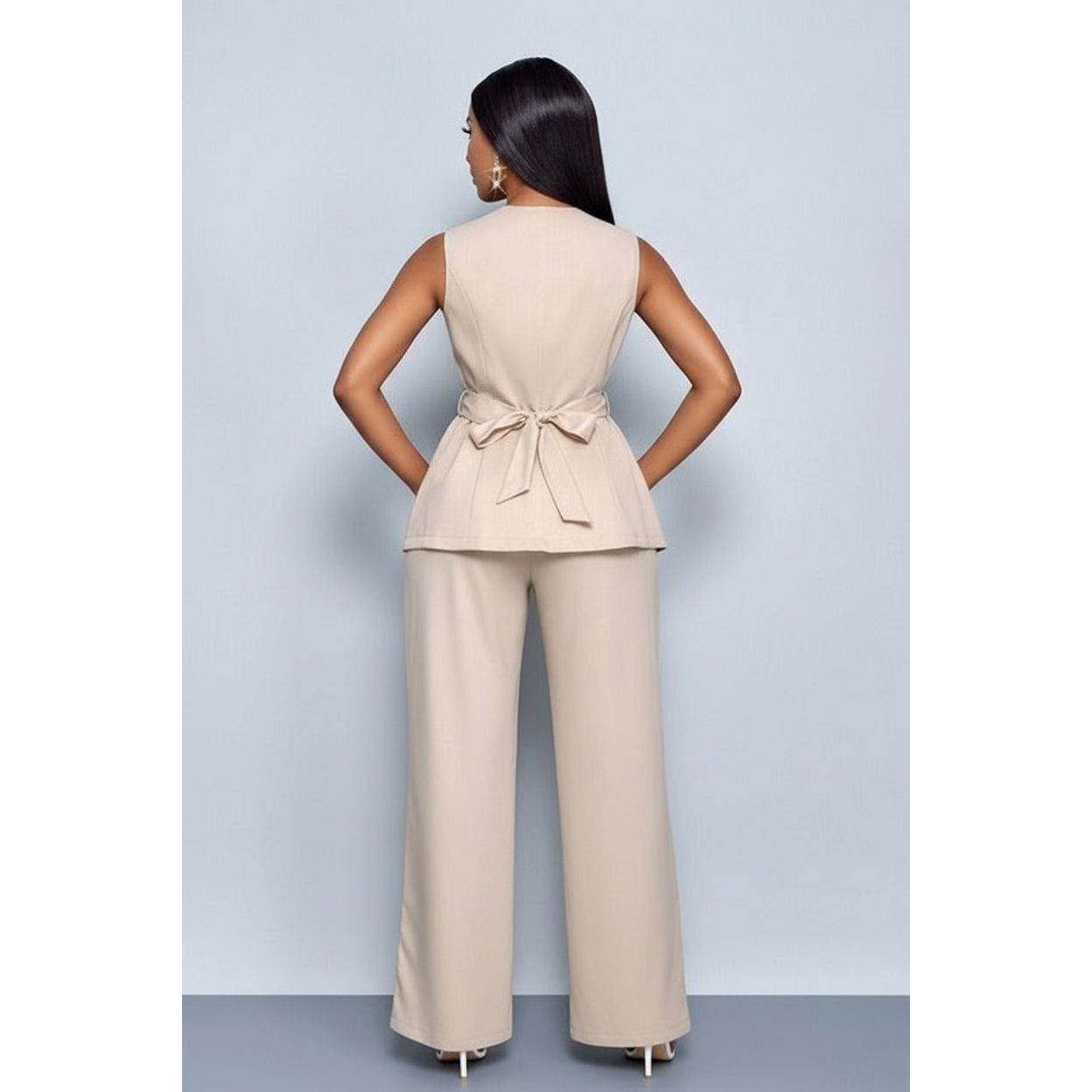 Sleeveless Button Front Vest Blazer & Wide Leg Pants