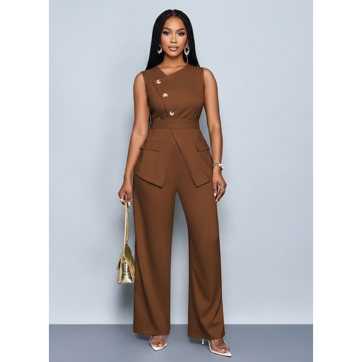 Sleeveless Button Front Vest Blazer & Wide Leg Pants