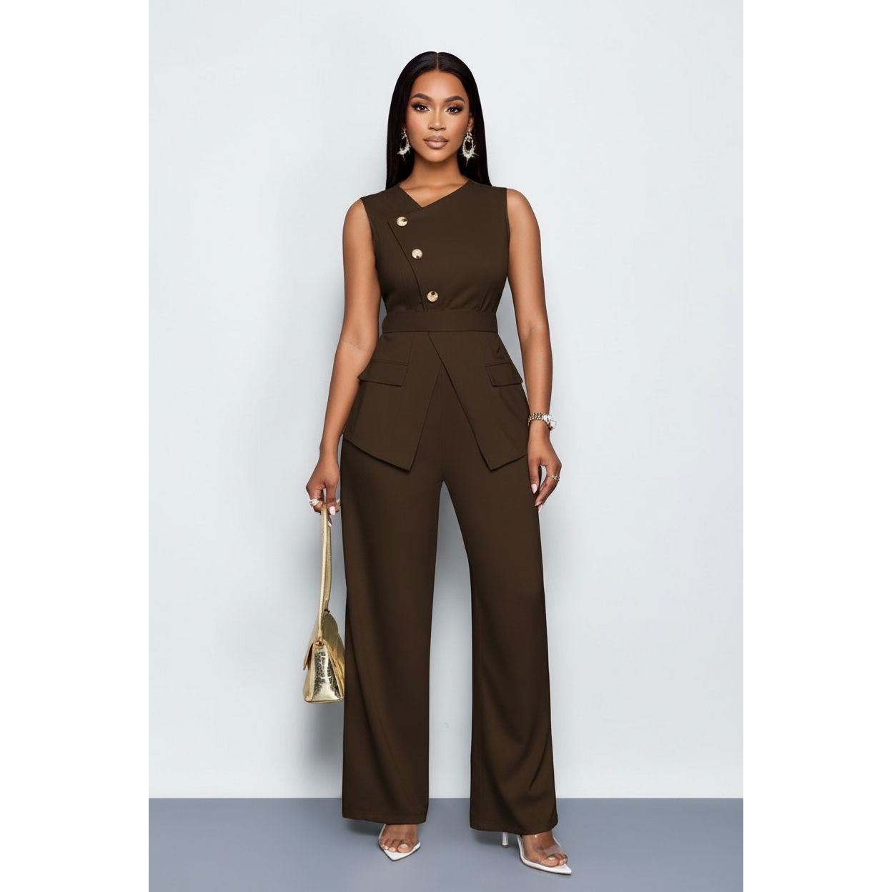 Sleeveless Button Front Vest Blazer & Wide Leg Pants