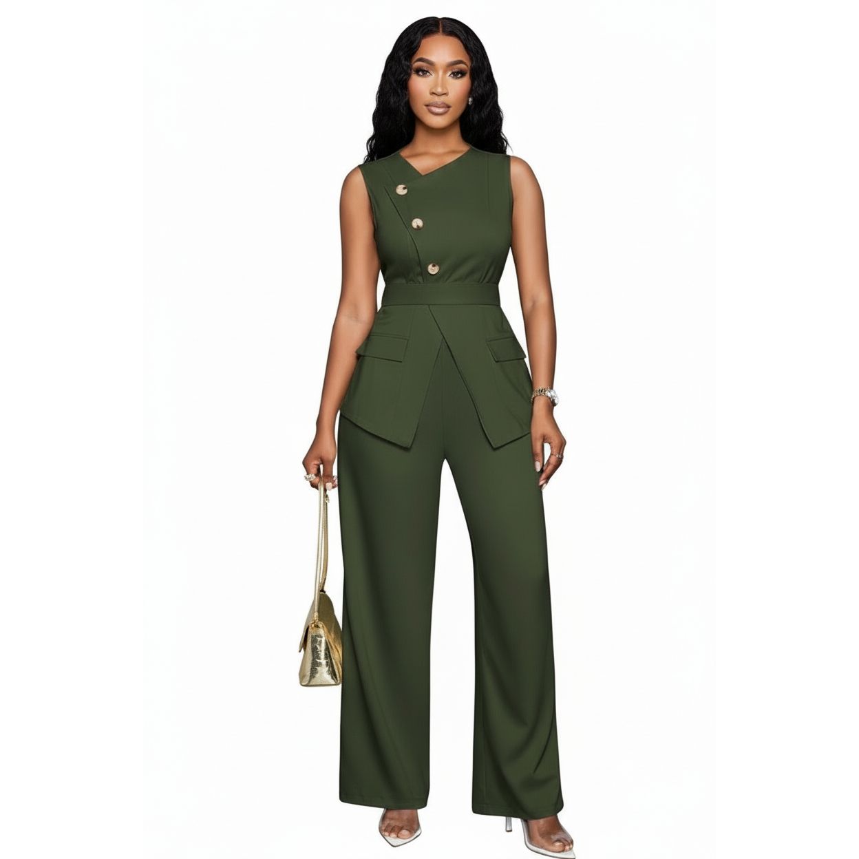 Sleeveless Button Front Vest Blazer & Wide Leg Pants