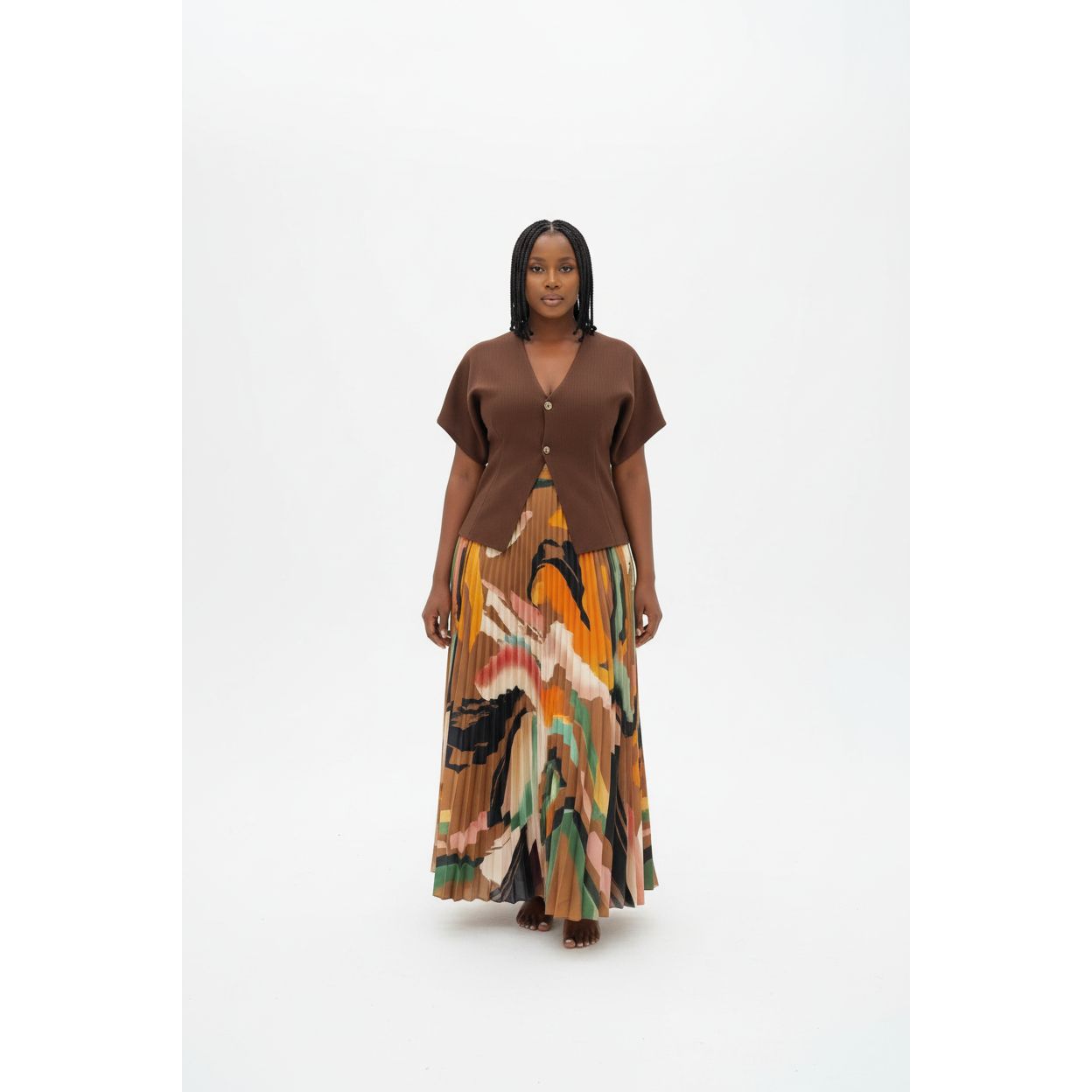 Woman's Colorful Pleated Abstract-Print Skirt and Blazer Outfit