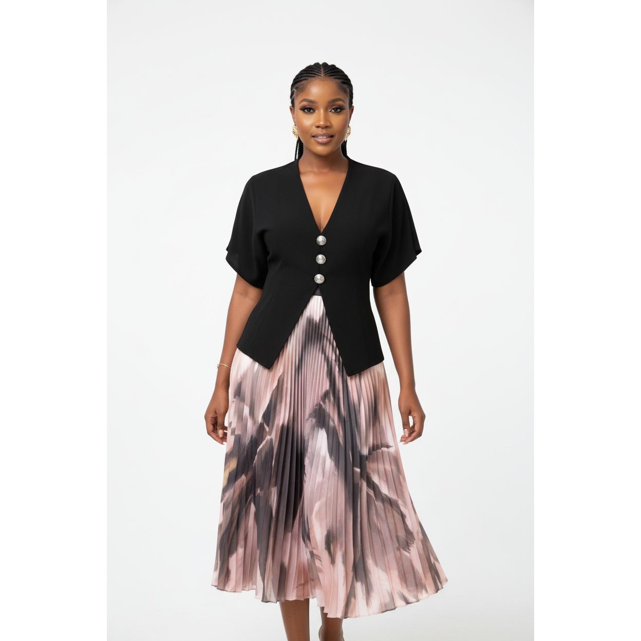 Woman's Colorful Pleated Abstract-Print Skirt and Blazer Outfit