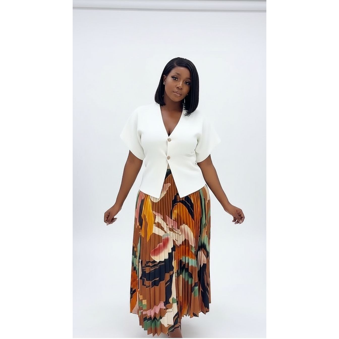 Woman's Colorful Pleated Abstract-Print Skirt and Blazer Outfit