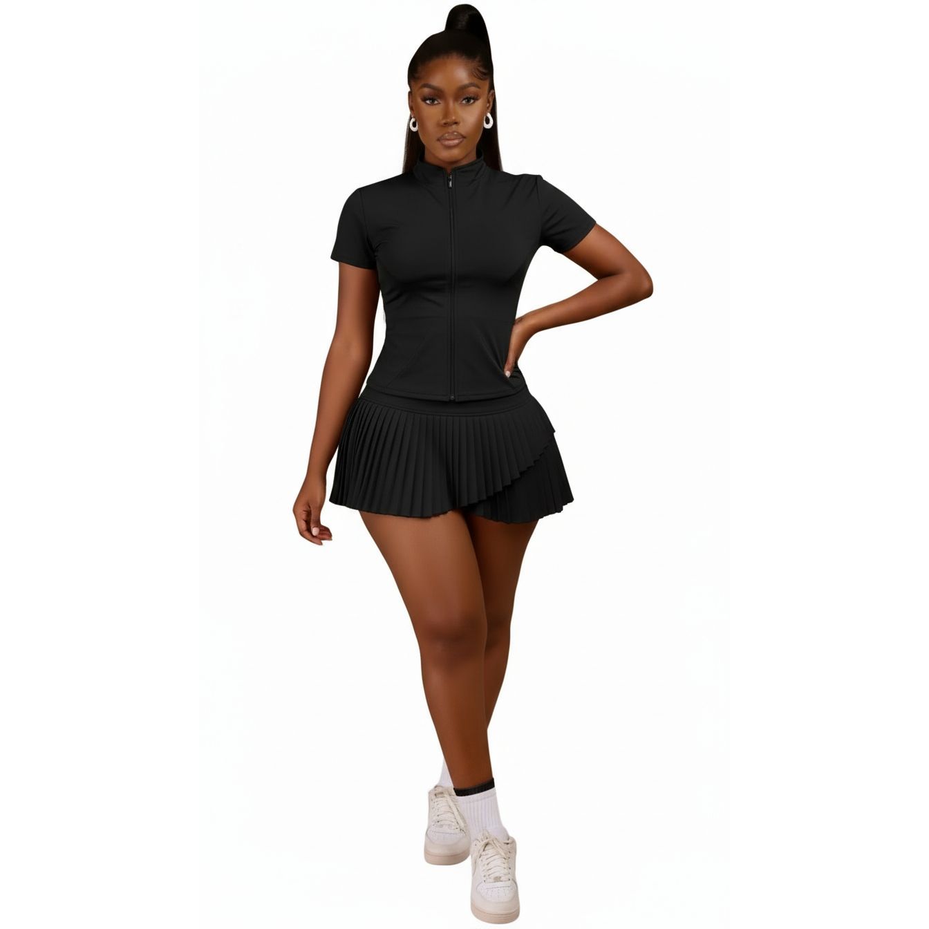 Pleated Tennis Skirt Short Racerback Padded Crop Top Outfits Set