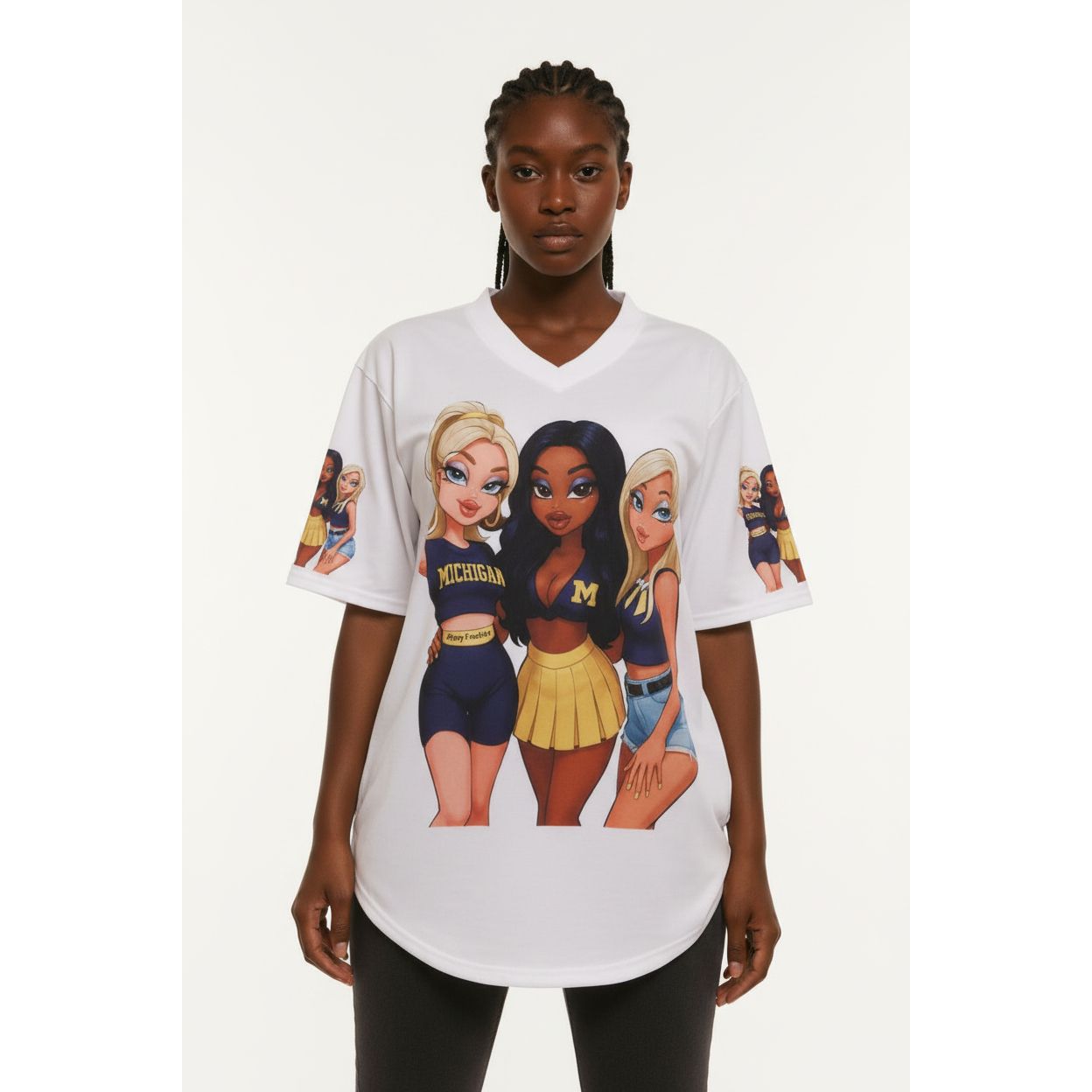 Embossed Cartoon Charactor V-Neck Short Sleeve T-Shirt