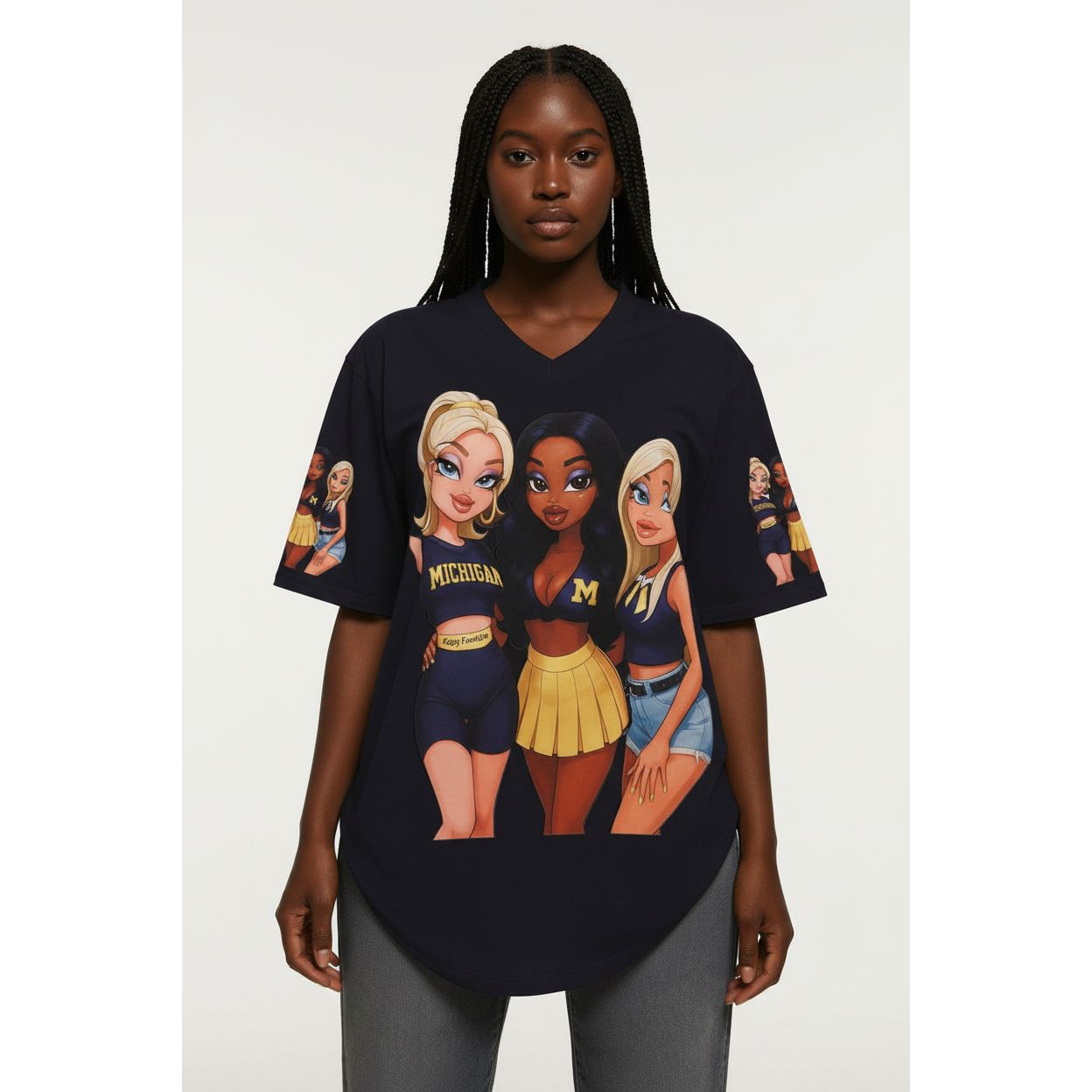 Embossed Cartoon Charactor V-Neck Short Sleeve T-Shirt