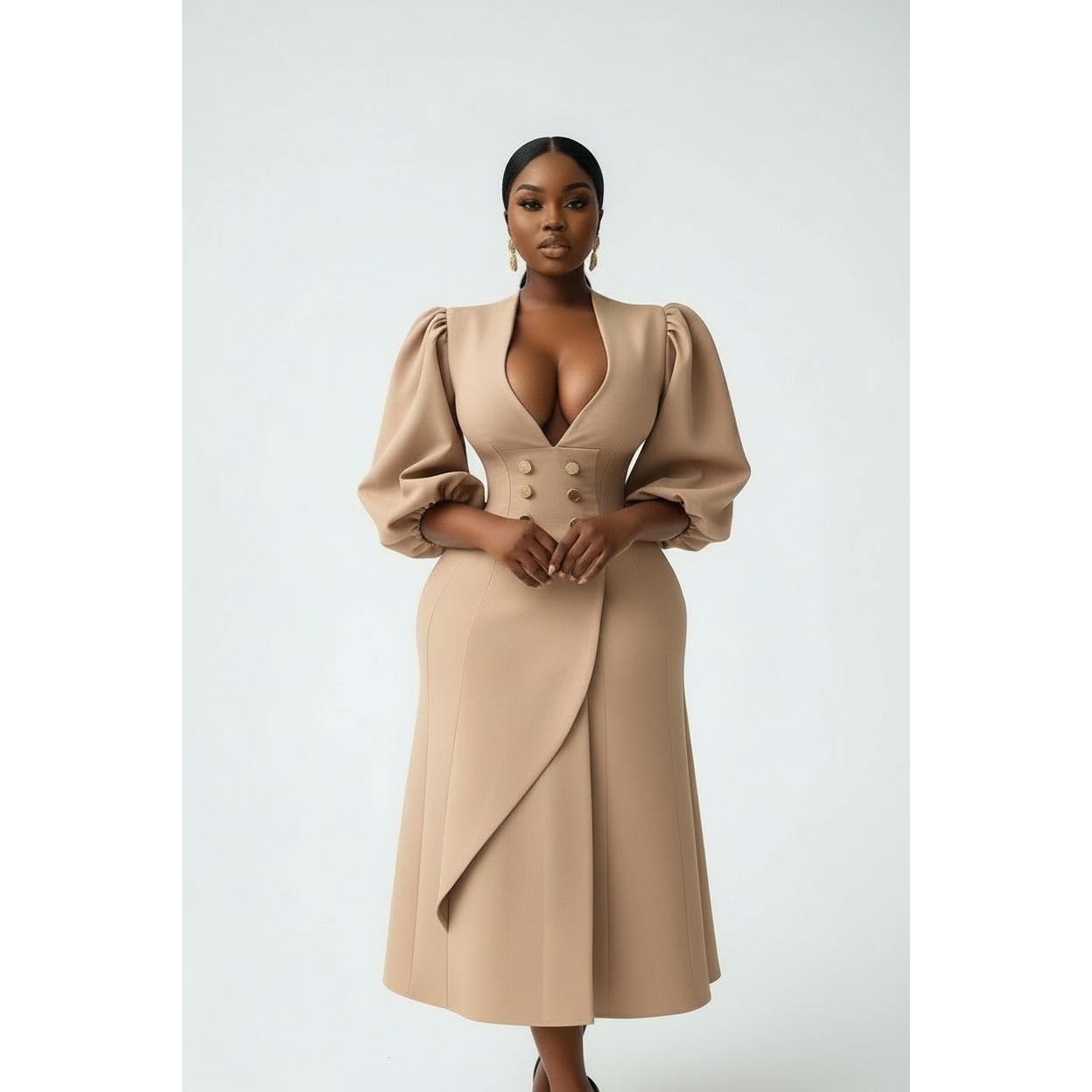 Plus Size Classy Deep V-Neck Long Sleeve Bodycon Dress