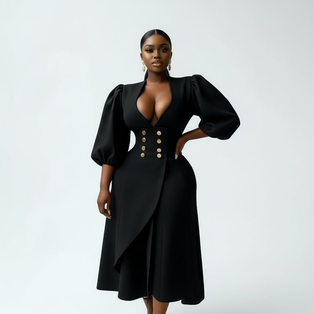 Plus Size Classy Deep V-Neck Long Sleeve Bodycon Dress
