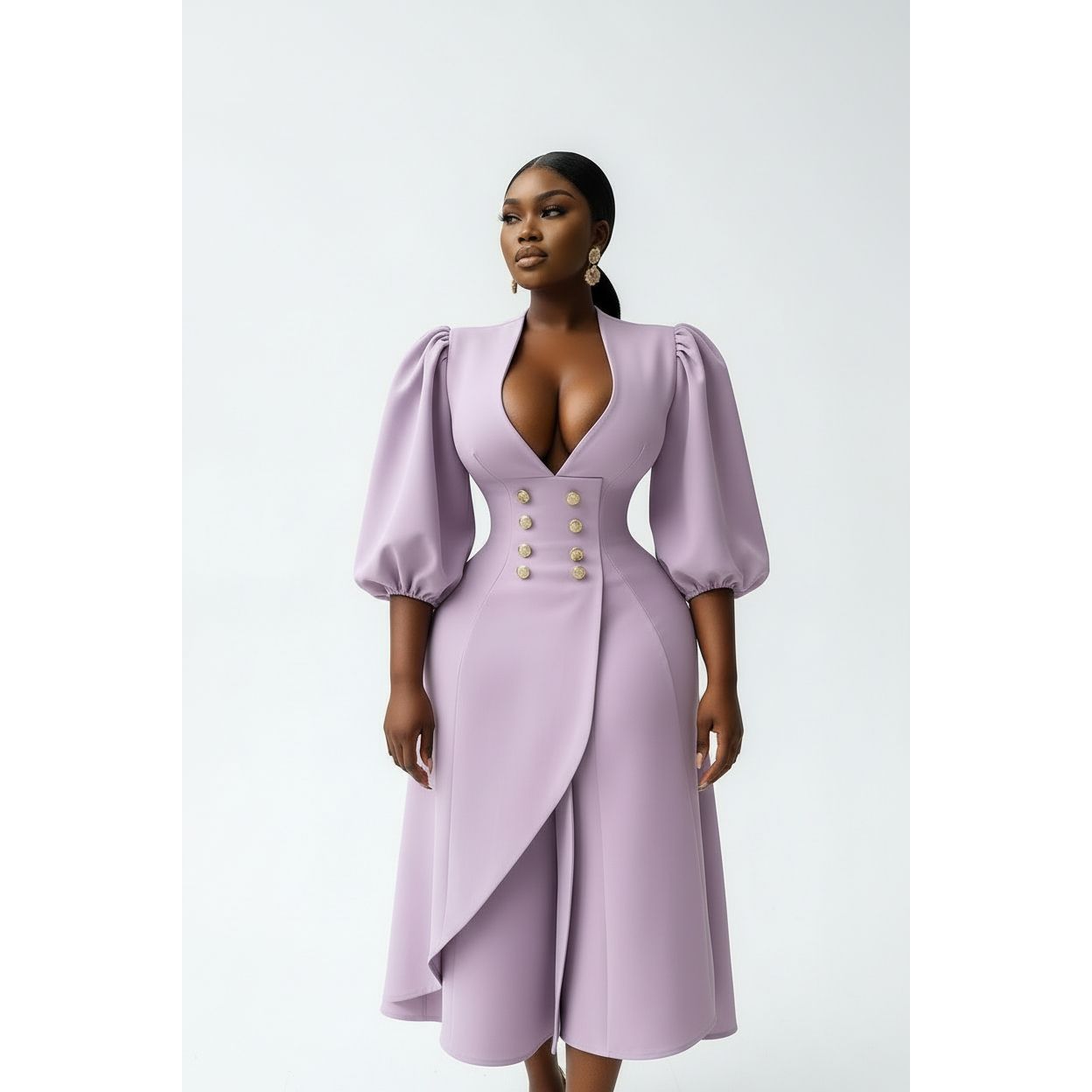 Plus Size Classy Deep V-Neck Long Sleeve Bodycon Dress