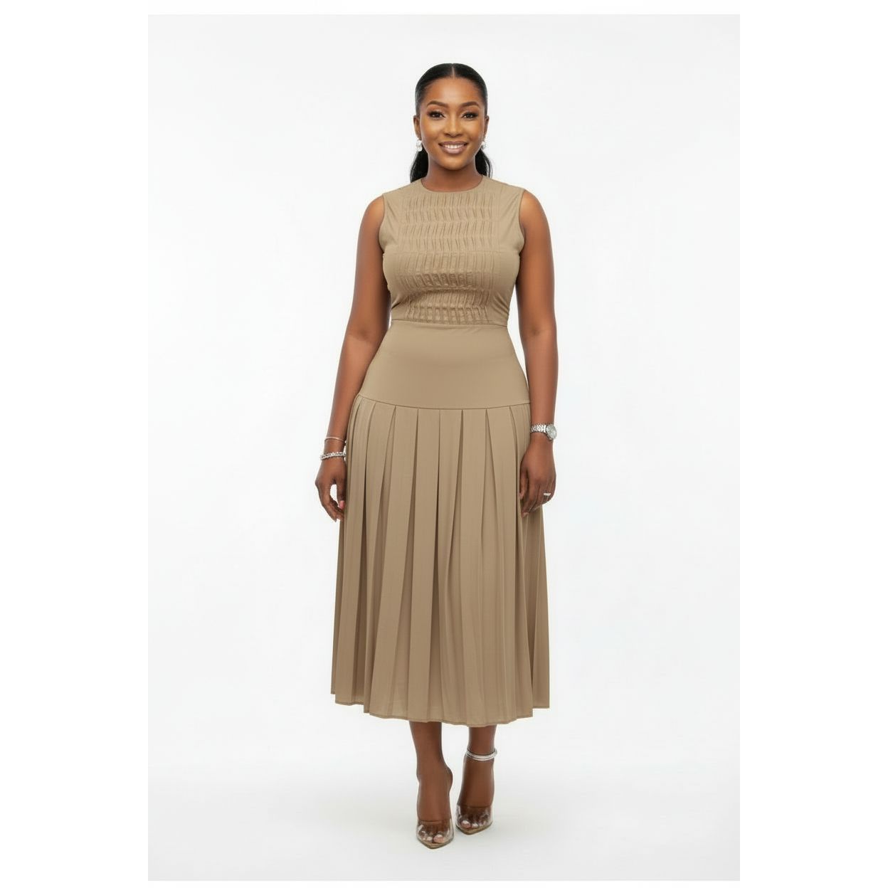 Sleeveless Ruched Round Neck Pleated Dress