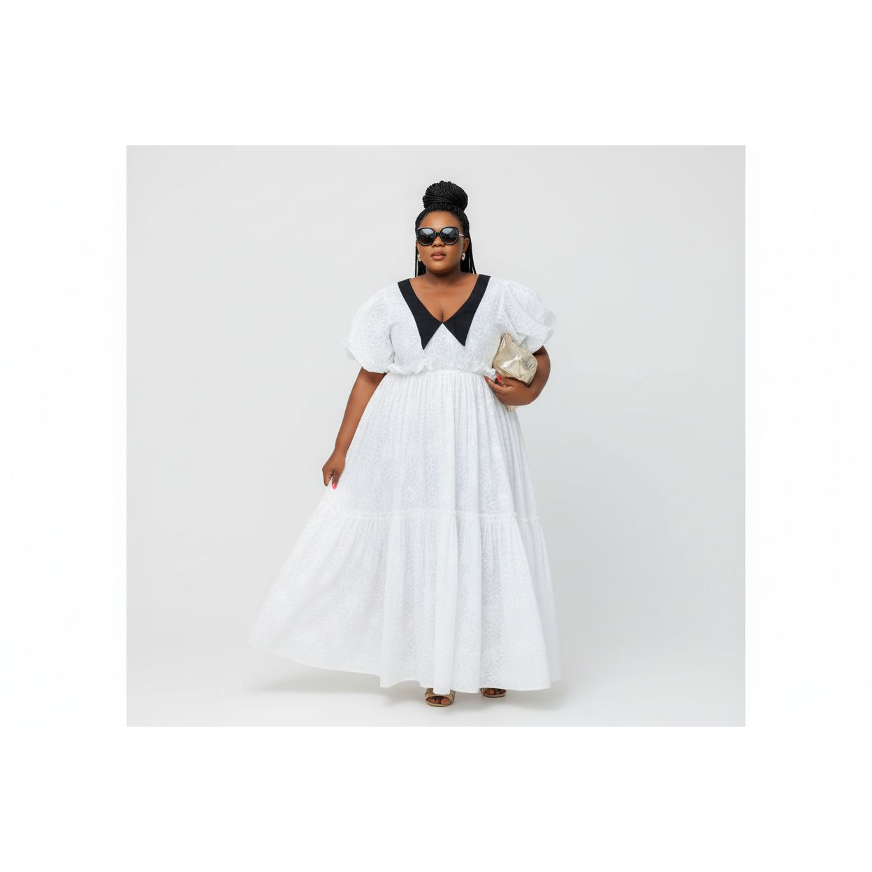 Elegant Plus Size Puffy Sleeve Pleated Hem Dress