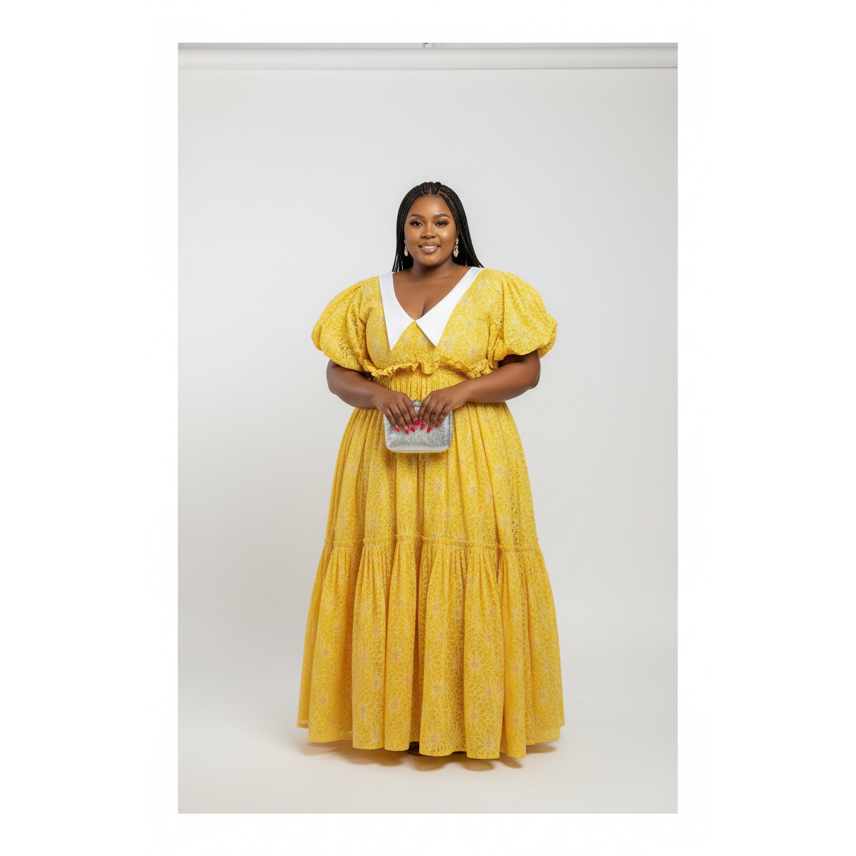 Elegant Plus Size Puffy Sleeve Pleated Hem Dress