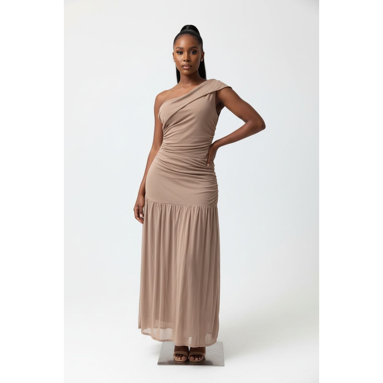 Ruffled Mesh Off Shoulder Midi Dress