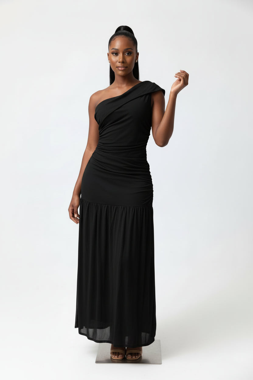 Ruffled Mesh Off Shoulder Midi Dress