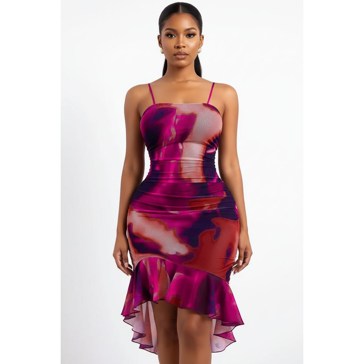 Geometric-Print Bodycon Dress with Ruffled Hem