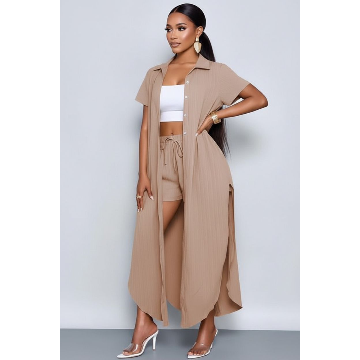 Button Down Short Sleeve Side Slit Shirt And Short Pants Sets