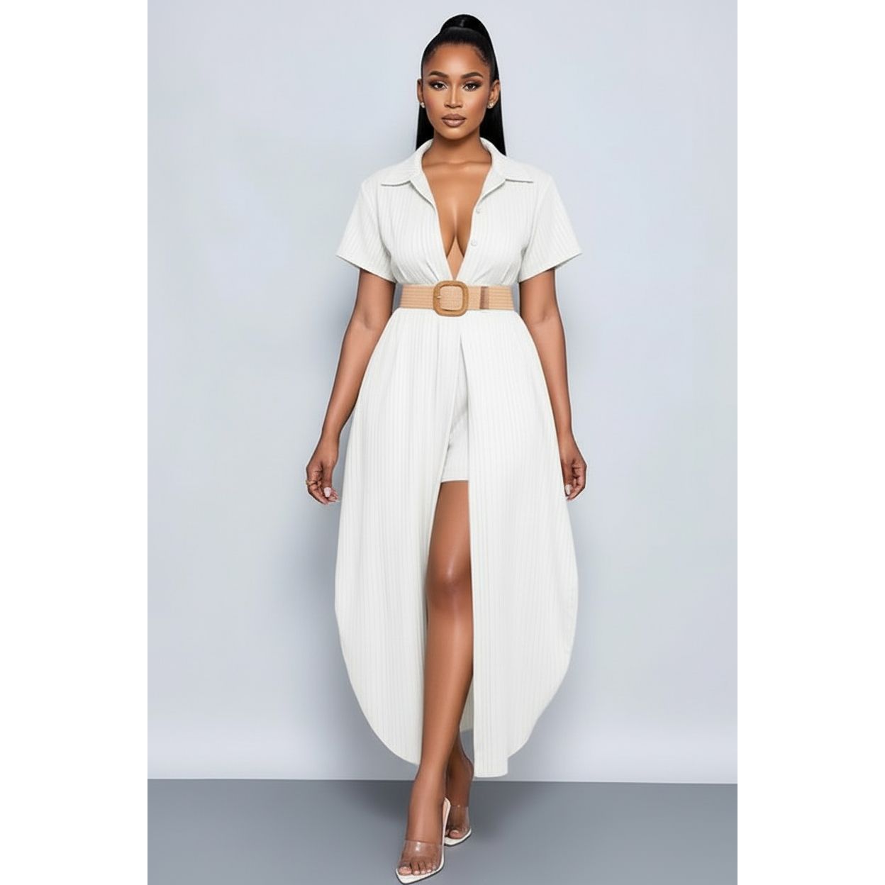 Button Down Short Sleeve Side Slit Shirt And Short Pants Sets