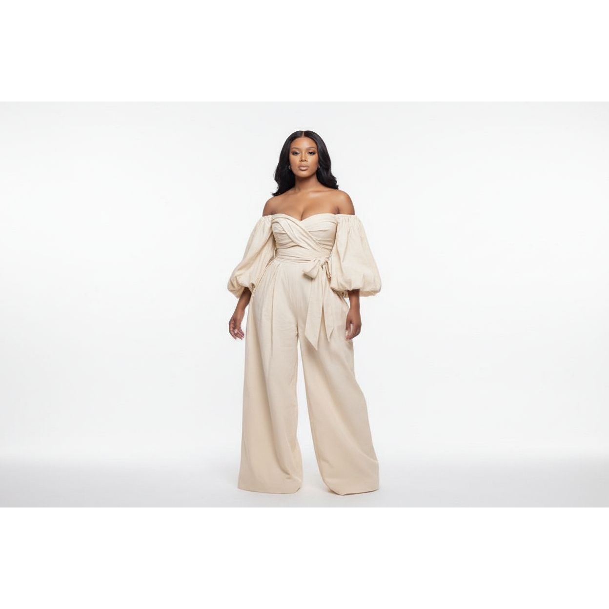 Off Shoulder Puffy Top And Maxi Wide Pant Set