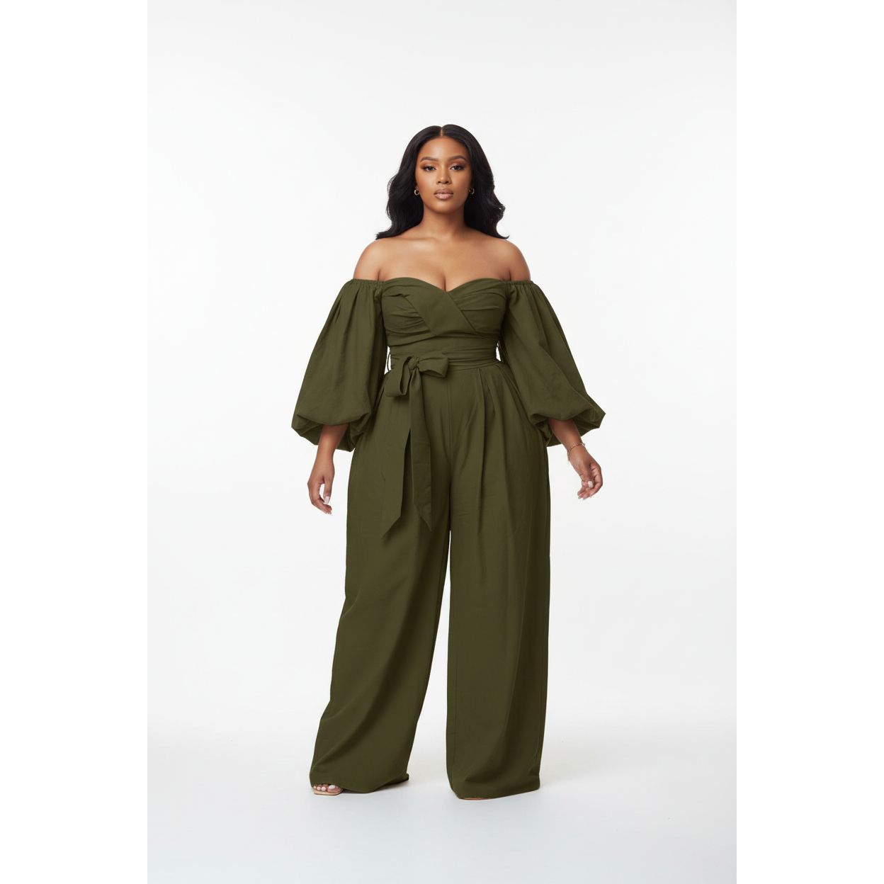 Off Shoulder Puffy Top And Maxi Wide Pant Set