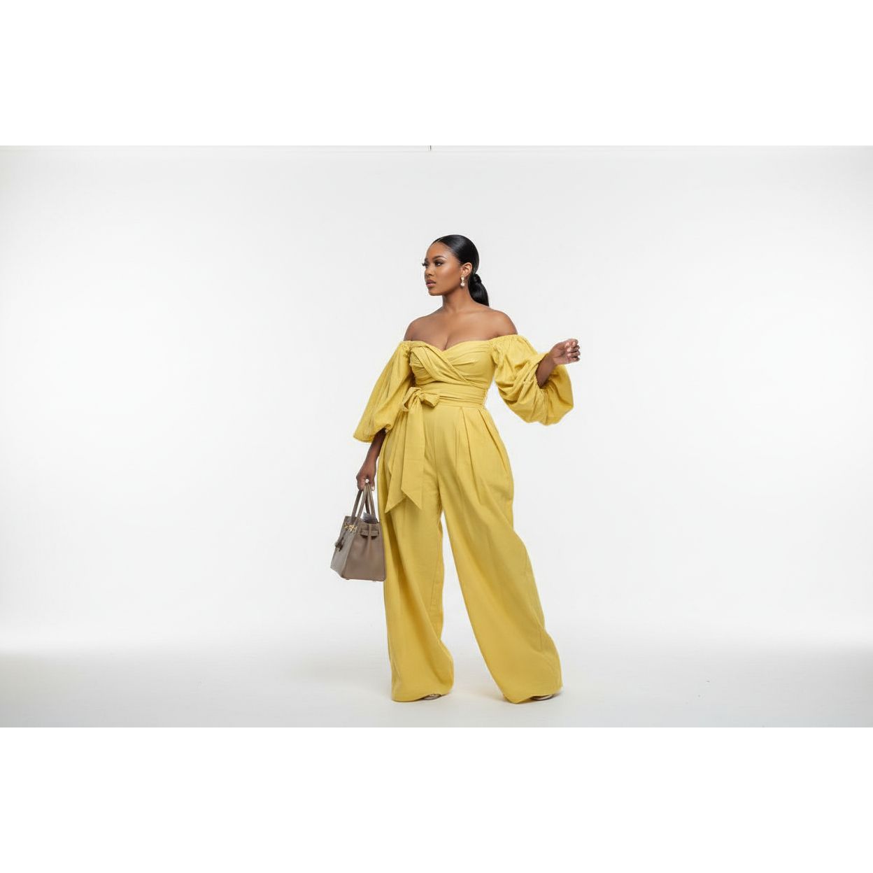 Off Shoulder Puffy Top And Maxi Wide Pant Set